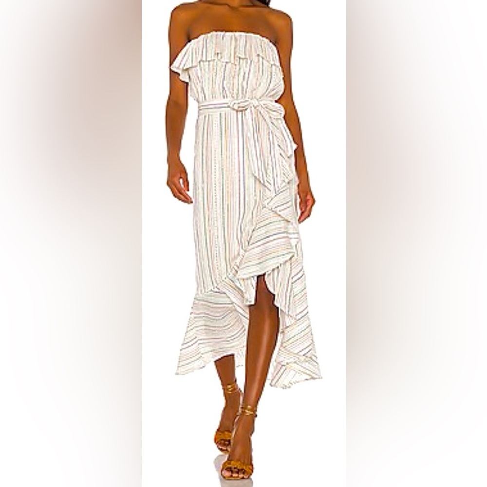 Tularosa Rachel Metallic Rainbow Pin Stripes Midi Dress Cotton Ruffled Size XS